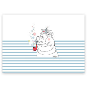 Поздравительная открытка с принтом Бегемот моряк в Курске, 100% бумага | плотность бумаги 280 г/м2, матовая, на обратной стороне линовка и место для марки
 | a | blush | bubbles | cap | deck | hippo | pipe | sailor | sea | ship | smokes | stripes | бегемот | графика | детский | искусство | картинка | корабль | крутой | лучший | мода | модный | молодёжная | море | моряк | палуба | пилотка | полосы