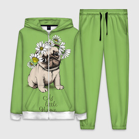 Женский костюм 3D с принтом My little hippie в Курске,  |  | breed | dog | hippie | kid | little | my | pug | puppy | wreath | венок | графика | зелёный | картинка | красивый | крутой | лучший | маленький | малыш | мода | модный | мой | молодёжная | мопс | порода | рисунок | ромашки | собака