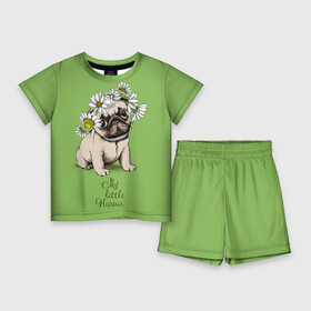 Детский костюм с шортами 3D с принтом My little hippie в Курске,  |  | breed | dog | hippie | kid | little | my | pug | puppy | wreath | венок | графика | зелёный | картинка | красивый | крутой | лучший | маленький | малыш | мода | модный | мой | молодёжная | мопс | порода | рисунок | ромашки | собака