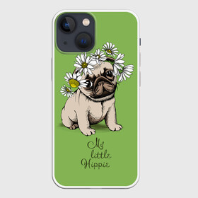 Чехол для iPhone 13 mini с принтом My little hippie в Курске,  |  | breed | dog | hippie | kid | little | my | pug | puppy | wreath | венок | графика | зелёный | картинка | красивый | крутой | лучший | маленький | малыш | мода | модный | мой | молодёжная | мопс | порода | рисунок | ромашки | собака