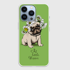 Чехол для iPhone 13 Pro с принтом My little hippie в Курске,  |  | breed | dog | hippie | kid | little | my | pug | puppy | wreath | венок | графика | зелёный | картинка | красивый | крутой | лучший | маленький | малыш | мода | модный | мой | молодёжная | мопс | порода | рисунок | ромашки | собака