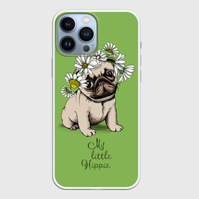 Чехол для iPhone 13 Pro Max с принтом My little hippie в Курске,  |  | breed | dog | hippie | kid | little | my | pug | puppy | wreath | венок | графика | зелёный | картинка | красивый | крутой | лучший | маленький | малыш | мода | модный | мой | молодёжная | мопс | порода | рисунок | ромашки | собака