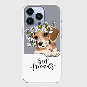 Чехол для iPhone 13 Pro с принтом Best friend в Курске,  |  | Тематика изображения на принте: backgroun | best | breed | daisies | dog | flowers | friend | green | kid | puppy | wreath | венок | графика | друг | зелёный | картинка | красивый | крутой | лучший | малыш | мода | модный | молодёжная | порода | рисунок | ромашки | собака