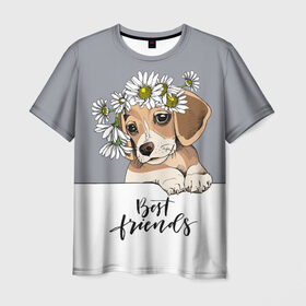 Мужская футболка 3D с принтом Best friend в Курске, 100% полиэфир | прямой крой, круглый вырез горловины, длина до линии бедер | backgroun | best | breed | daisies | dog | flowers | friend | green | kid | puppy | wreath | венок | графика | друг | зелёный | картинка | красивый | крутой | лучший | малыш | мода | модный | молодёжная | порода | рисунок | ромашки | собака