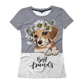 Женская футболка 3D с принтом Best friend в Курске, 100% полиэфир ( синтетическое хлопкоподобное полотно) | прямой крой, круглый вырез горловины, длина до линии бедер | backgroun | best | breed | daisies | dog | flowers | friend | green | kid | puppy | wreath | венок | графика | друг | зелёный | картинка | красивый | крутой | лучший | малыш | мода | модный | молодёжная | порода | рисунок | ромашки | собака