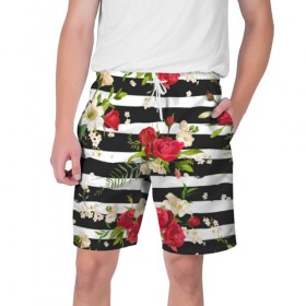 Мужские шорты 3D с принтом Розы и орхидеи в Курске,  полиэстер 100% | прямой крой, два кармана без застежек по бокам. Мягкая трикотажная резинка на поясе, внутри которой широкие завязки. Длина чуть выше колен | flowers | orchi | roses | белый | букеты | графика | зелёный | искусство | картинка | красивый | красный | крутой | листья | мода | модный | молодёжная | орнамент | орхидеи | полосы | рисунок | розы | рукоделие