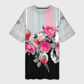 Платье-футболка 3D с принтом Розы в Курске,  |  | branches | flora | flowers | leaves | ornament | patterns | ветки | графика | искусство | картинка | красивый | крутой | листья | мода | модный | молодёжная | орнамент | полосатый | рисунок | розы | рукоделие | стиль