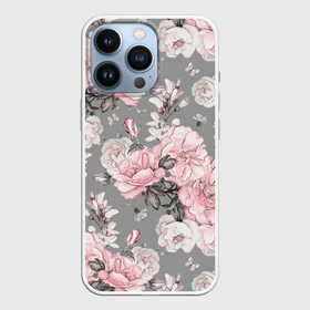 Чехол для iPhone 13 Pro с принтом Розовые розы в Курске,  |  | bouquets | color | gray | leave | lowers | ornament | patterns | pink | roses | букеты | графика | искусство | картинка | красивый | крутой | листья | мода | модный | молодёжная | орнамент | рисунок | розовые | розы | рукоделие | серый