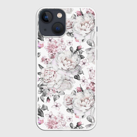 Чехол для iPhone 13 mini с принтом Белые розы в Курске,  |  | bouquets | color | gray | leave | lowers | ornament | patterns | pink | roses | букеты | графика | искусство | картинка | красивый | крутой | листья | мода | модный | молодёжная | орнамент | рисунок | розовые | розы | рукоделие | серый