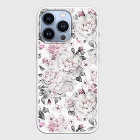 Чехол для iPhone 13 Pro с принтом Белые розы в Курске,  |  | bouquets | color | gray | leave | lowers | ornament | patterns | pink | roses | букеты | графика | искусство | картинка | красивый | крутой | листья | мода | модный | молодёжная | орнамент | рисунок | розовые | розы | рукоделие | серый