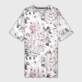 Платье-футболка 3D с принтом Белые розы в Курске,  |  | bouquets | color | gray | leave | lowers | ornament | patterns | pink | roses | букеты | графика | искусство | картинка | красивый | крутой | листья | мода | модный | молодёжная | орнамент | рисунок | розовые | розы | рукоделие | серый