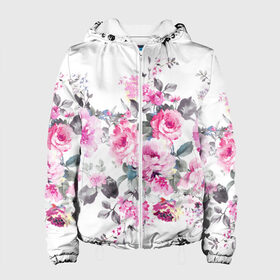 Женская куртка 3D с принтом Розовые розы в Курске, ткань верха — 100% полиэстер, подклад — флис | прямой крой, подол и капюшон оформлены резинкой с фиксаторами, два кармана без застежек по бокам, один большой потайной карман на груди. Карман на груди застегивается на липучку | bouquets | color | gray | leave | lowers | ornament | patterns | pink | roses | букеты | графика | искусство | картинка | красивый | крутой | листья | мода | модный | молодёжная | орнамент | рисунок | розовые | розы | рукоделие | серый