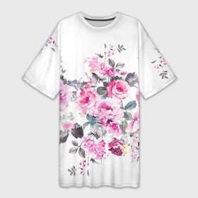 Платье-футболка 3D с принтом Розовые розы в Курске,  |  | bouquets | color | gray | leave | lowers | ornament | patterns | pink | roses | букеты | графика | искусство | картинка | красивый | крутой | листья | мода | модный | молодёжная | орнамент | рисунок | розовые | розы | рукоделие | серый