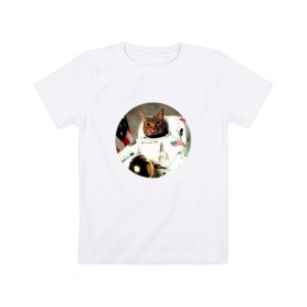 Детская футболка хлопок с принтом Cat Astronaut в Курске, 100% хлопок | круглый вырез горловины, полуприлегающий силуэт, длина до линии бедер | 