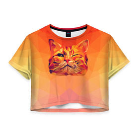 Женская футболка 3D укороченная с принтом Подмигивающий кот (Low Poly) в Курске, 100% полиэстер | круглая горловина, длина футболки до линии талии, рукава с отворотами | cat | fox | kitty | low | lowpoly | poly | веселая | геометрия | грозовой кошак | желтая | кот | котейка | котофей | кошак | лиса | любителям кошек | низкополигональный | позитив | прикольная | рисунок | рыжая | узор