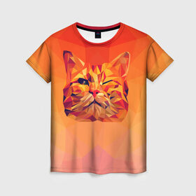 Женская футболка 3D с принтом Подмигивающий кот (Low Poly) в Курске, 100% полиэфир ( синтетическое хлопкоподобное полотно) | прямой крой, круглый вырез горловины, длина до линии бедер | Тематика изображения на принте: cat | fox | kitty | low | lowpoly | poly | веселая | геометрия | грозовой кошак | желтая | кот | котейка | котофей | кошак | лиса | любителям кошек | низкополигональный | позитив | прикольная | рисунок | рыжая | узор