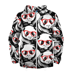Мужская ветровка 3D с принтом Панды в красных очках в Курске, 100% полиэстер | подол и капюшон оформлены резинкой с фиксаторами, два кармана без застежек по бокам, один потайной карман на груди | animals | bears | funny | head | muzzl | pandas | red | весёлые | взгляд | голова | графика | животные | искусство | картинка | красивый | красные | крутой | медведи | мода | модный | молодёжная | очки | панды | рисунок