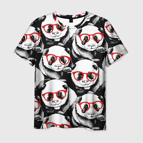 Мужская футболка 3D с принтом Панды в красных очках в Курске, 100% полиэфир | прямой крой, круглый вырез горловины, длина до линии бедер | animals | bears | funny | head | muzzl | pandas | red | весёлые | взгляд | голова | графика | животные | искусство | картинка | красивый | красные | крутой | медведи | мода | модный | молодёжная | очки | панды | рисунок
