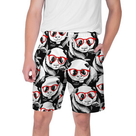 Мужские шорты 3D с принтом Панды в красных очках в Курске,  полиэстер 100% | прямой крой, два кармана без застежек по бокам. Мягкая трикотажная резинка на поясе, внутри которой широкие завязки. Длина чуть выше колен | animals | bears | funny | head | muzzl | pandas | red | весёлые | взгляд | голова | графика | животные | искусство | картинка | красивый | красные | крутой | медведи | мода | модный | молодёжная | очки | панды | рисунок