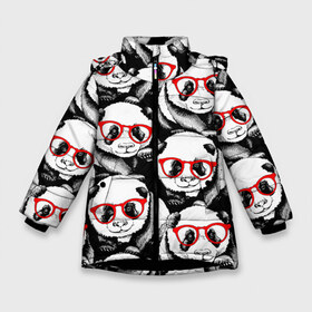 Зимняя куртка для девочек 3D с принтом Панды в красных очках в Курске, ткань верха — 100% полиэстер; подклад — 100% полиэстер, утеплитель — 100% полиэстер. | длина ниже бедра, удлиненная спинка, воротник стойка и отстегивающийся капюшон. Есть боковые карманы с листочкой на кнопках, утяжки по низу изделия и внутренний карман на молнии. 

Предусмотрены светоотражающий принт на спинке, радужный светоотражающий элемент на пуллере молнии и на резинке для утяжки. | animals | bears | funny | head | muzzl | pandas | red | весёлые | взгляд | голова | графика | животные | искусство | картинка | красивый | красные | крутой | медведи | мода | модный | молодёжная | очки | панды | рисунок