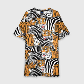 Детское платье 3D с принтом Тигры и зебры в Курске, 100% полиэстер | прямой силуэт, чуть расширенный к низу. Круглая горловина, на рукавах — воланы | Тематика изображения на принте: black | orange | stri | white | абстракция | африка | белая | графика | животное | зебры | искусство | картинка | коллаж | красивый | крутой | лошадь | мода | модный | молодёжная | оранжевая | полосы | рисунок