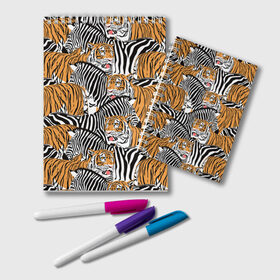Блокнот с принтом Тигры и зебры в Курске, 100% бумага | 48 листов, плотность листов — 60 г/м2, плотность картонной обложки — 250 г/м2. Листы скреплены удобной пружинной спиралью. Цвет линий — светло-серый
 | black | orange | stri | white | абстракция | африка | белая | графика | животное | зебры | искусство | картинка | коллаж | красивый | крутой | лошадь | мода | модный | молодёжная | оранжевая | полосы | рисунок