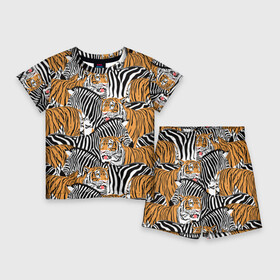 Детский костюм с шортами 3D с принтом Тигры и зебры в Курске,  |  | black | orange | stri | white | абстракция | африка | белая | графика | животное | зебры | искусство | картинка | коллаж | красивый | крутой | лошадь | мода | модный | молодёжная | оранжевая | полосы | рисунок