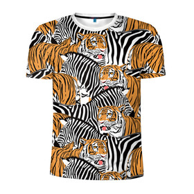 Мужская футболка 3D спортивная с принтом Тигры и зебры в Курске, 100% полиэстер с улучшенными характеристиками | приталенный силуэт, круглая горловина, широкие плечи, сужается к линии бедра | Тематика изображения на принте: black | orange | stri | white | абстракция | африка | белая | графика | животное | зебры | искусство | картинка | коллаж | красивый | крутой | лошадь | мода | модный | молодёжная | оранжевая | полосы | рисунок