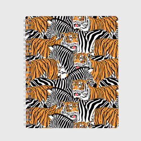 Тетрадь с принтом Тигры и зебры в Курске, 100% бумага | 48 листов, плотность листов — 60 г/м2, плотность картонной обложки — 250 г/м2. Листы скреплены сбоку удобной пружинной спиралью. Уголки страниц и обложки скругленные. Цвет линий — светло-серый
 | Тематика изображения на принте: black | orange | stri | white | абстракция | африка | белая | графика | животное | зебры | искусство | картинка | коллаж | красивый | крутой | лошадь | мода | модный | молодёжная | оранжевая | полосы | рисунок