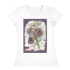 Женская футболка хлопок с принтом Механический цветок в Курске, 100% хлопок | прямой крой, круглый вырез горловины, длина до линии бедер, слегка спущенное плечо | steampunk | механика | ретро | рисунок | стимпанк | цветы
