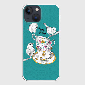 Чехол для iPhone 13 mini с принтом Tea party в Курске,  |  | art | best | c | creativity | drawing | graphics | phontase | picture | белый | блюдца | вечеринка | графика | зелёный | искусство | картинка | кружки | крутой | ложки | лучший | модный | птицы | расписные | рисунок | розы