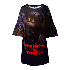 Детское платье 3D с принтом Five Nights at Freddy`s в Курске, 100% полиэстер | прямой силуэт, чуть расширенный к низу. Круглая горловина, на рукавах — воланы | five nights at freddy s | game | horror | игры | механические куклы | ночь | охранник | пять ночей у фредди | светящиеся глаза | ужас
