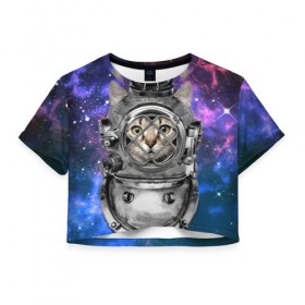 Женская футболка 3D укороченная с принтом Кот космонавт в Курске, 100% полиэстер | круглая горловина, длина футболки до линии талии, рукава с отворотами | 