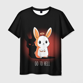Мужская футболка 3D с принтом Go to hell в Курске, 100% полиэфир | прямой крой, круглый вырез горловины, длина до линии бедер | Тематика изображения на принте: ад | ангел | дьявол | зайчик | заяц | нимб | рожки | тень | ушки