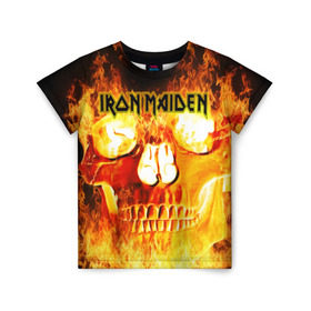 Детская футболка 3D с принтом Iron Maiden в Курске, 100% гипоаллергенный полиэфир | прямой крой, круглый вырез горловины, длина до линии бедер, чуть спущенное плечо, ткань немного тянется | Тематика изображения на принте: бас | британия | брюс дикинсон | гитара | группа | дева | железная | метал | нико макбрэйн | рок | стив харрис | хеви | яник герс