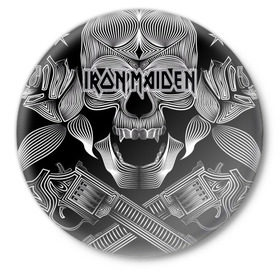 Значок с принтом Iron Maiden в Курске,  металл | круглая форма, металлическая застежка в виде булавки | Тематика изображения на принте: бас | британия | брюс дикинсон | гитара | группа | дева | железная | метал | нико макбрэйн | рок | стив харрис | хеви | яник герс