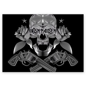 Поздравительная открытка с принтом Iron Maiden в Курске, 100% бумага | плотность бумаги 280 г/м2, матовая, на обратной стороне линовка и место для марки
 | бас | британия | брюс дикинсон | гитара | группа | дева | железная | метал | нико макбрэйн | рок | стив харрис | хеви | яник герс