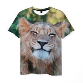 Мужская футболка 3D с принтом Улыбка львицы в Курске, 100% полиэфир | прямой крой, круглый вырез горловины, длина до линии бедер | Тематика изображения на принте: голова | животные | кот | кошка | лев | лицо | львица | прикол | прикольные | природа | смешные | тигр | тигрица | улыбается | улыбка | юмор