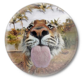 Значок с принтом Тигр показывает язык в Курске,  металл | круглая форма, металлическая застежка в виде булавки | голова | животные | кот | кошка | лев | лицо | прикол | прикольные | природа | смешные 
 животные | тигр | тигрица | юмор | язык