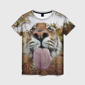 Женская футболка 3D с принтом Тигр показывает язык в Курске, 100% полиэфир ( синтетическое хлопкоподобное полотно) | прямой крой, круглый вырез горловины, длина до линии бедер | голова | животные | кот | кошка | лев | лицо | прикол | прикольные | природа | смешные 
 животные | тигр | тигрица | юмор | язык