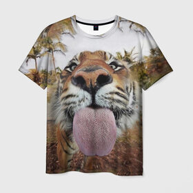 Мужская футболка 3D с принтом Тигр показывает язык в Курске, 100% полиэфир | прямой крой, круглый вырез горловины, длина до линии бедер | голова | животные | кот | кошка | лев | лицо | прикол | прикольные | природа | смешные 
 животные | тигр | тигрица | юмор | язык