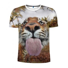Мужская футболка 3D спортивная с принтом Тигр показывает язык в Курске, 100% полиэстер с улучшенными характеристиками | приталенный силуэт, круглая горловина, широкие плечи, сужается к линии бедра | голова | животные | кот | кошка | лев | лицо | прикол | прикольные | природа | смешные 
 животные | тигр | тигрица | юмор | язык