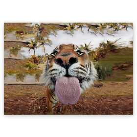 Поздравительная открытка с принтом Тигр показывает язык в Курске, 100% бумага | плотность бумаги 280 г/м2, матовая, на обратной стороне линовка и место для марки
 | Тематика изображения на принте: голова | животные | кот | кошка | лев | лицо | прикол | прикольные | природа | смешные 
 животные | тигр | тигрица | юмор | язык