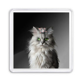 Магнит 55*55 с принтом Кот и мышка в Курске, Пластик | Размер: 65*65 мм; Размер печати: 55*55 мм | Тематика изображения на принте: животные | кот | котенок | кошка | крыса | мышка | мышь | перс | персидский кот | серый