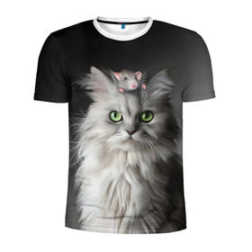 Мужская футболка 3D спортивная с принтом Кот и мышка в Курске, 100% полиэстер с улучшенными характеристиками | приталенный силуэт, круглая горловина, широкие плечи, сужается к линии бедра | животные | кот | котенок | кошка | крыса | мышка | мышь | перс | персидский кот | серый