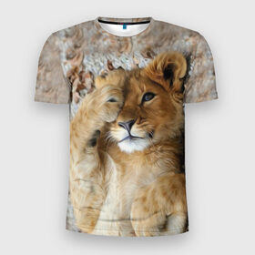Мужская футболка 3D спортивная с принтом Львенок в Курске, 100% полиэстер с улучшенными характеристиками | приталенный силуэт, круглая горловина, широкие плечи, сужается к линии бедра | дикая кошка | животные | кот | кошка | лев | львенок | львица | мордочка | природа | тигр | хищник
