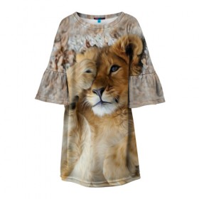 Детское платье 3D с принтом Львенок в Курске, 100% полиэстер | прямой силуэт, чуть расширенный к низу. Круглая горловина, на рукавах — воланы | дикая кошка | животные | кот | кошка | лев | львенок | львица | мордочка | природа | тигр | хищник
