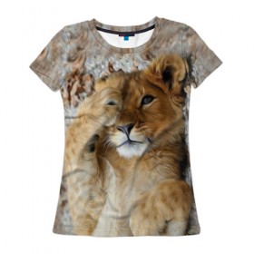 Женская футболка 3D с принтом Львенок в Курске, 100% полиэфир ( синтетическое хлопкоподобное полотно) | прямой крой, круглый вырез горловины, длина до линии бедер | дикая кошка | животные | кот | кошка | лев | львенок | львица | мордочка | природа | тигр | хищник