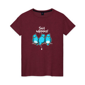 Женская футболка хлопок с принтом Shit Happens в Курске, 100% хлопок | прямой крой, круглый вырез горловины, длина до линии бедер, слегка спущенное плечо | воробей | голубь | лапочка | милашка | милый | мимими | надпись | птица | птицы | птичка | юмор
