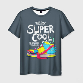 Мужская футболка 3D с принтом Super cool в Курске, 100% полиэфир | прямой крой, круглый вырез горловины, длина до линии бедер | Тематика изображения на принте: cham | cities | freestyle | new york | skate | street | style | super cool | бейсболка | глаз | города | зубы | кроссовка | круто | надпись | нью йорк | обувь | символ | скейт | стиль | супер | текст | тёмный | улица | улыбка | фон